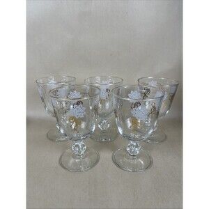 Set of 5 Linnet Goblet Gold Bow & Rim Frosted‎ Flowers Bubble Stem Base 5.5"